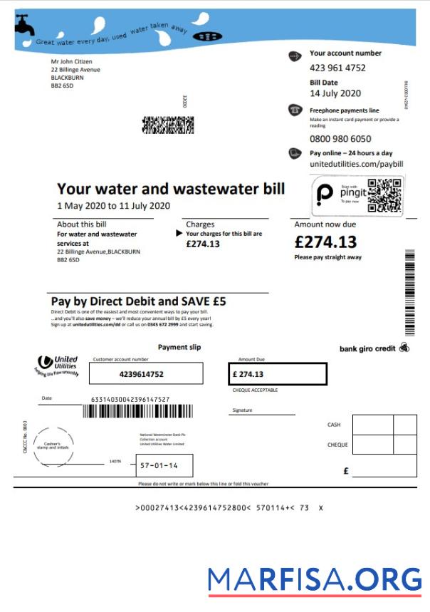 Printable United Kingdom United Utilities water utility bill template in Word and PDF format